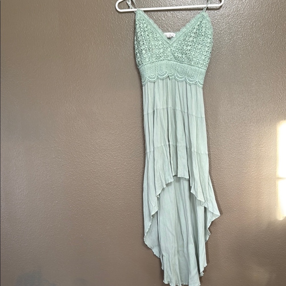 Light & Airy Lace Trim Asymmetrical Dress in Mint Green